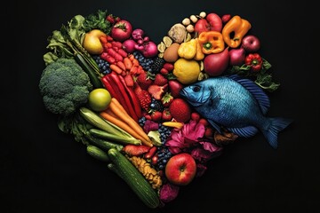 Colorful heart-shaped arrangement of various fruits and vegetables, including fish, on a dark background (1)