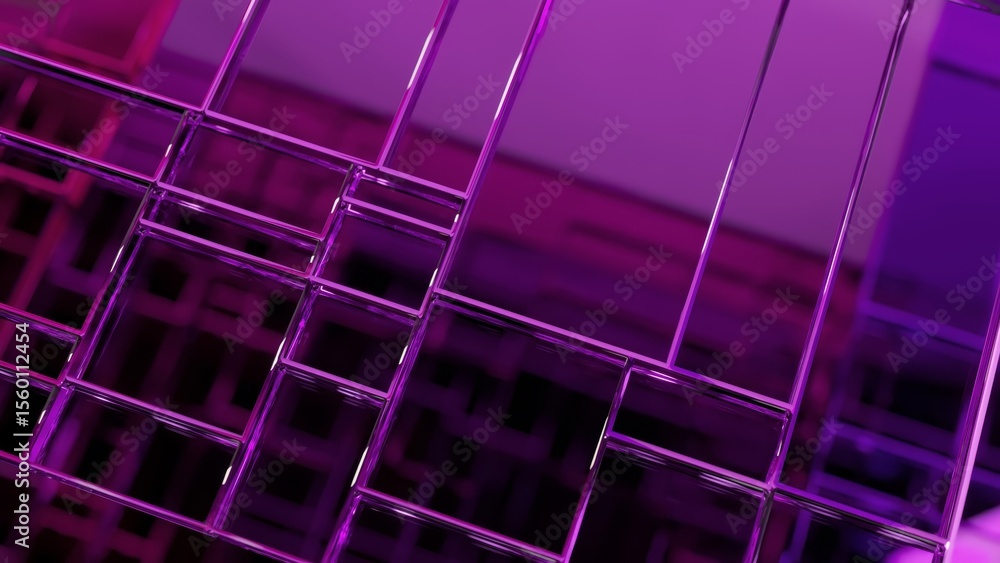 Poster smooth purple glass rectangles of different sizes reflect light and each other as they rotate slowly