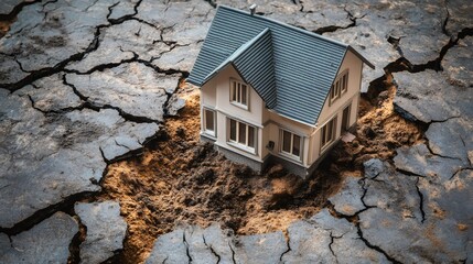 Miniature house sinking into cracked and dry ground during an earthquake, highlighting the devastating impact of natural disasters on homes and properties