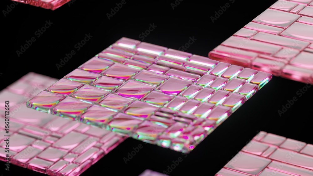 Poster pink iridescent tiles are rotating on a black background, creating a mesmerizing visual effect with 