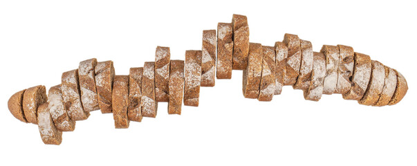 A rustic loaf of dark bread sliced into even pieces, arranged diagonally on a white background, showcasing its hearty texture and artisanal quality