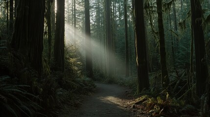 Obraz premium Forest Sunlight Pathway. Majestic Trees and Golden Light Streaks Scenery