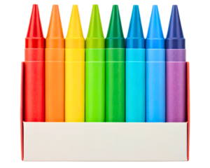 Rainbow colored wax drawing crayons in a cardboard box on a transparent background