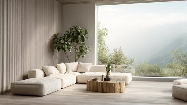 Salon moderno con gran ventanal que da a un bosque monta&ntilde;oso verde, con sofa rinconera blanco, mesita baja de madera rustica y espacio claro minimalista