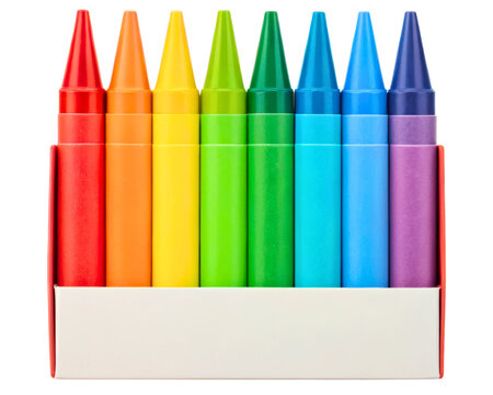 Rainbow colored wax drawing crayons in a cardboard box on a transparent background