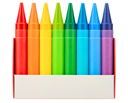 Rainbow colored wax drawing crayons in a cardboard box on a transparent background