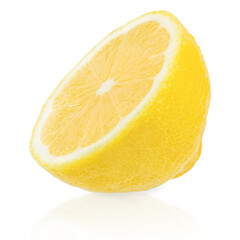 A juicy half of a lemon sits upright on a white background, showcasing its vibrant yellow pulp and fresh citrus texture