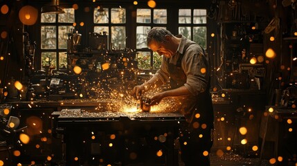Blacksmith Sparking Steel. Working Hard in Workshop with Glowing Sparks, Artisan Crafting