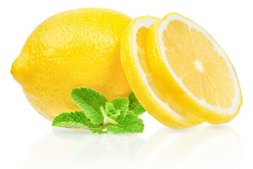 A whole lemon with fresh slices and mint leaves arranged on a white background, symbolizing freshness, flavor, and natural ingredients.