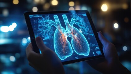 Digital X-ray of lungs on tablet. Hands hold a tablet displaying a detailed 3D rendering of lungs, highlighted with glowing lines and colors, likely for medical analysis. 