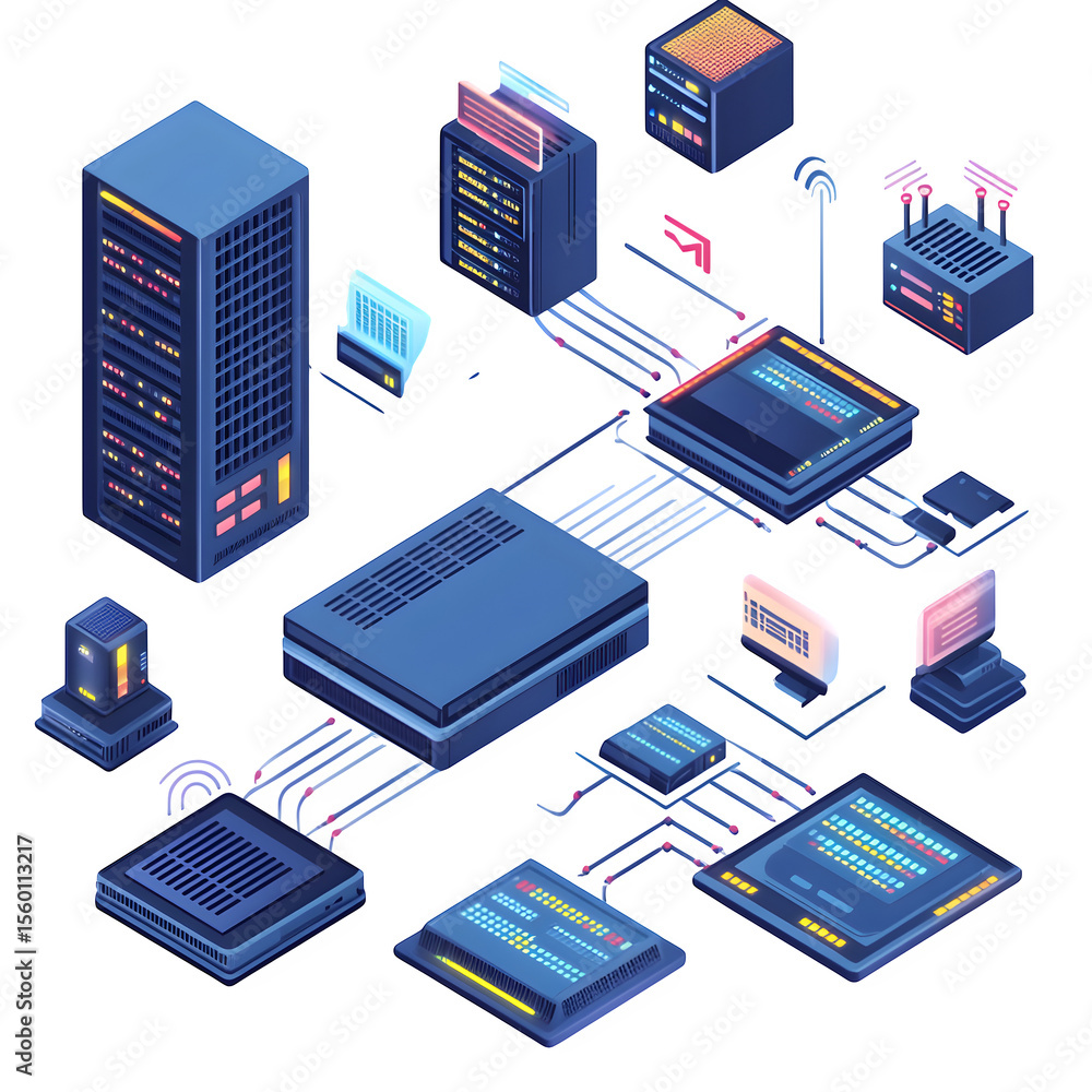 Poster high quality 3d visualization depicting an isometric view of it infrastructure showing routers and s