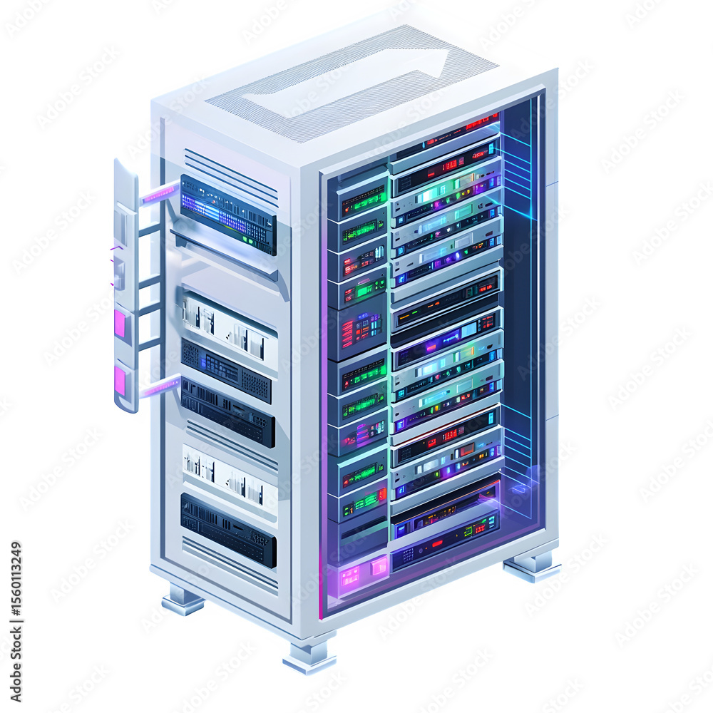 Poster high resolution 3d render showcasing an isometric technology rack with storage modules and control p