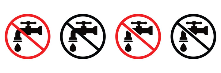 No Drinking Water Icon – Red Prohibition Sign with Faucet and Glass Symbol – Flat Vector Illustration
