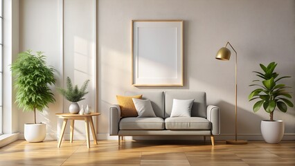 Photo of a bright and airy living room features a gray sofa, potted plants, a wooden coffee table, and a large empty frame on the wall