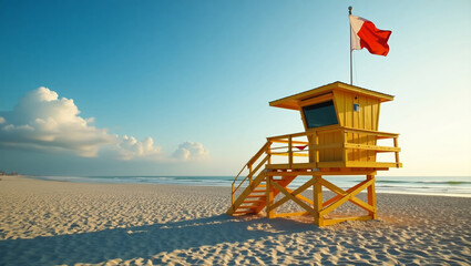 Lifeguard tower on a quiet beach, early morning, seagulls