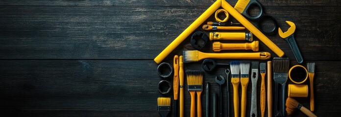 Tools arranged in the shape of a house on a dark wooden surface
