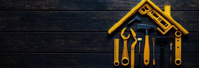 Tools arranged in a house shape on dark wood