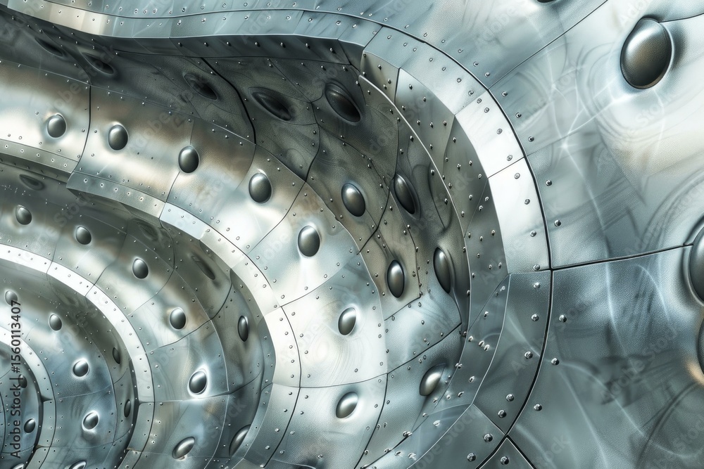 Poster shiny metallic structure forming a tunnel with rivets and bumps, creating a futuristic and industria