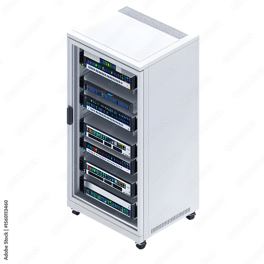 Poster detailed 3d render featuring an isometric render of modern data center hardware in a white rack. sid