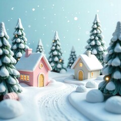Fototapeta premium A picturesque winter village scene, small pastel-colored houses nestled in snowy landscape, Happy Holidays Vintage. Vintage Style Christmas Village with Snow Background