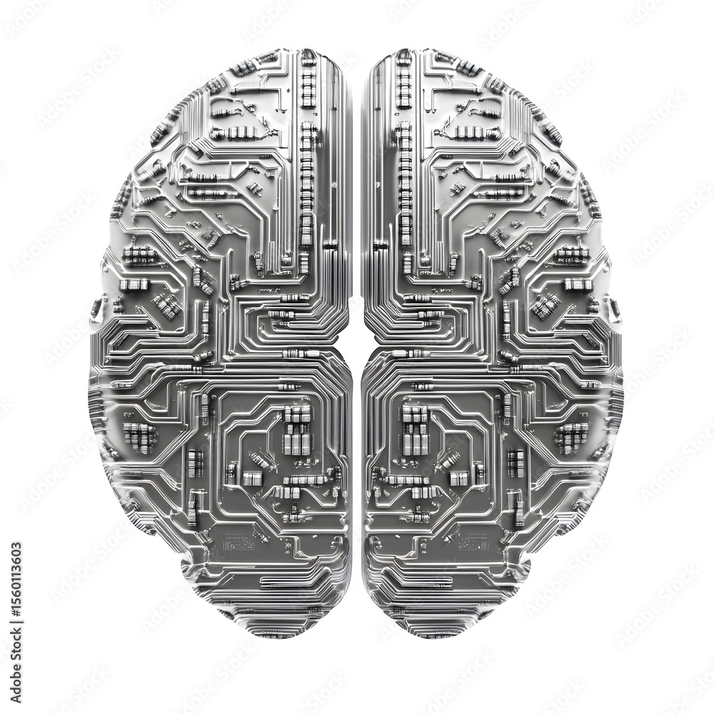 Poster premium 3d render presenting an abstract brain microchip with data patterns in silver. front view on