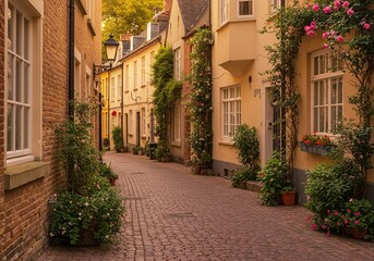 Fototapeta premium A charming alleyway lined with colorful buildings and blooming flowers.