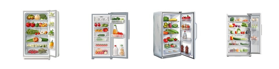 Set of refrigerators full of food and vegetables isolated on transparent background