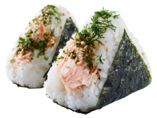 A culinary close-up of two triangular onigiri rice balls, elegantly presented and garnished with fresh herbs and nori seaweed. 