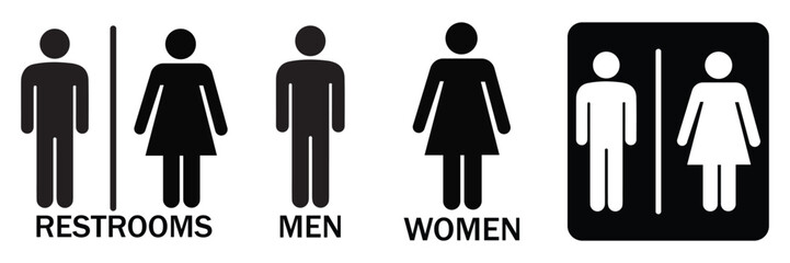 Restroom Icon Set – Male, Female, Baby WC Symbols with Outline and Filled Style in Transparent PNG and Vector