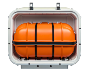 Orange inflatable marine life raft inside its open container on a transparent background