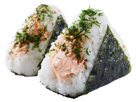 A culinary close-up of two triangular onigiri rice balls, elegantly presented and garnished with fresh herbs and nori seaweed. 