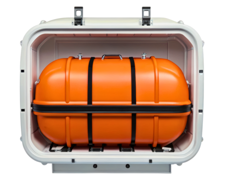 Orange inflatable marine life raft inside its open container on a transparent background
