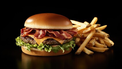 Gourmet burger with bacon and fries.  A juicy burger with crispy bacon, melted cheese, and fresh lettuce sits beside a pile of golden-brown french fries against a dark background