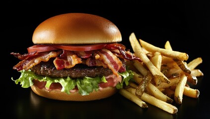 Delicious burger with bacon and fries.  A juicy beef patty, topped with crispy bacon, fresh lettuce, tomato, and a light sauce, sits in a toasted bun. 