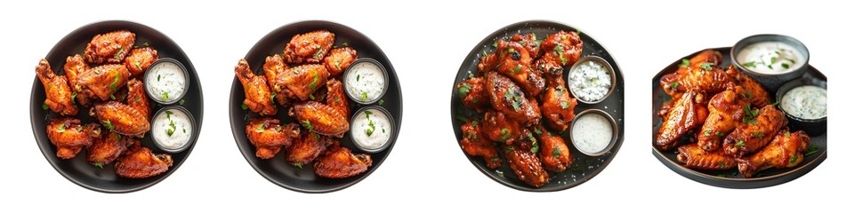 Set of spicy buffalo chicken wings with dips isolated on transparent background