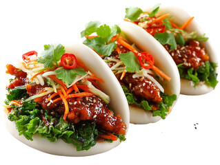 A trio of appetizing bao buns, each artfully filled with succulent ingredients, offering a tantalizing taste experience.