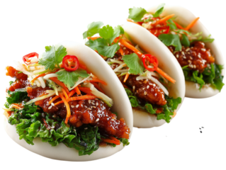 A trio of appetizing bao buns, each artfully filled with succulent ingredients, offering a tantalizing taste experience.