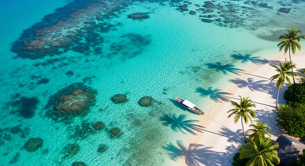 Aerial View of Tropical Paradise Pristine Beach, Turquoise Waters, and Palm Trees