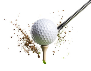 Golf Ball in Mid-Air After Hitting Off Tee, Grass Debris Flying