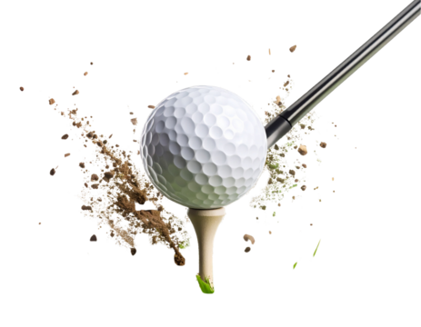 Golf Ball in Mid-Air After Hitting Off Tee, Grass Debris Flying