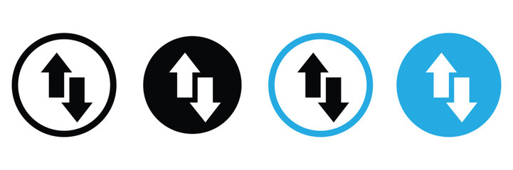 Internet data icon buttons with arrow symbol. Up and down arrow icon set in black and blue circle. 
Upward downward arrows sign symbol vector illustration. Flat design. 
