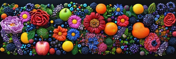 Vibrant, colorful arrangement of sculpted fruits and flowers