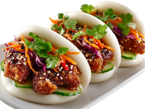 Three steamed buns filled with chicken, arranged on a plate,
