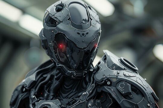 Futuristic cyborg soldier wearing advanced combat armor with glowing red eyes in a blurred urban environment