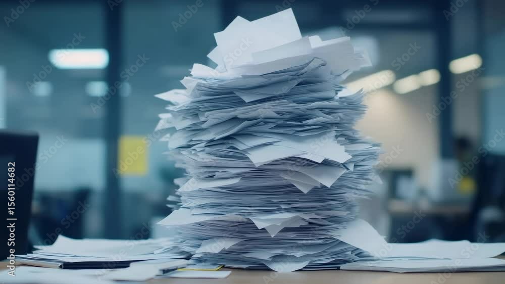 Poster Large stack of disorganized papers is placed on office desk, creating a cluttered scene and symbolizing excessive workload and administrative burden