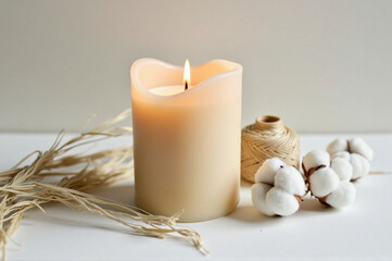 A white candle sitting on top of a white table.