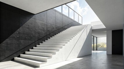 Fototapeta premium Modern interior featuring a white staircase leading to a skylight with a black accent wall
