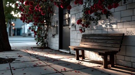 Parkbank unter blühenden Rosen im stimmungsvollen Stadtambiente bei Abendlicht
