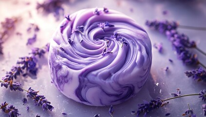 Round, swirl-patterned lavender soap, with fresh lavender sprigs