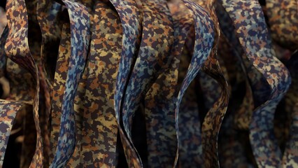 Vertical camouflage ribbons gently moving in wind, creating mesmerizing dynamic visual flow with soft, organic motion and subtle textile texture